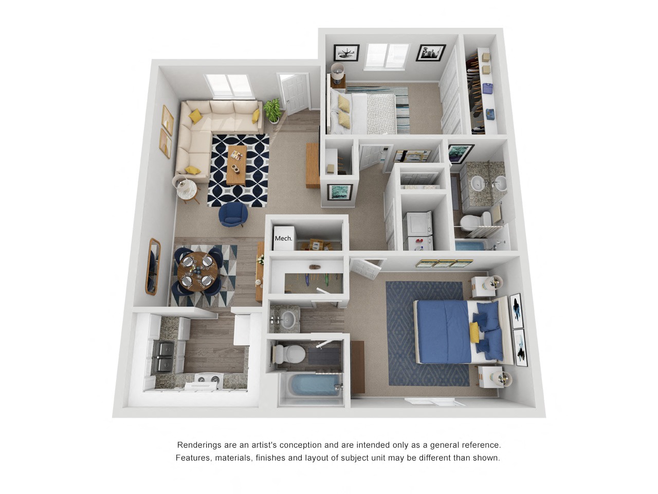 Floor plan for 2 beds, 2 baths, 1076 sqft